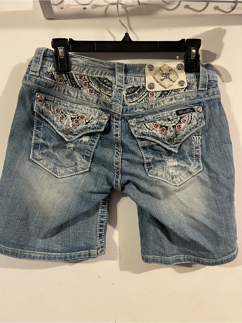 Miss Me Blue Embroidered Distressed Denim Bermudas